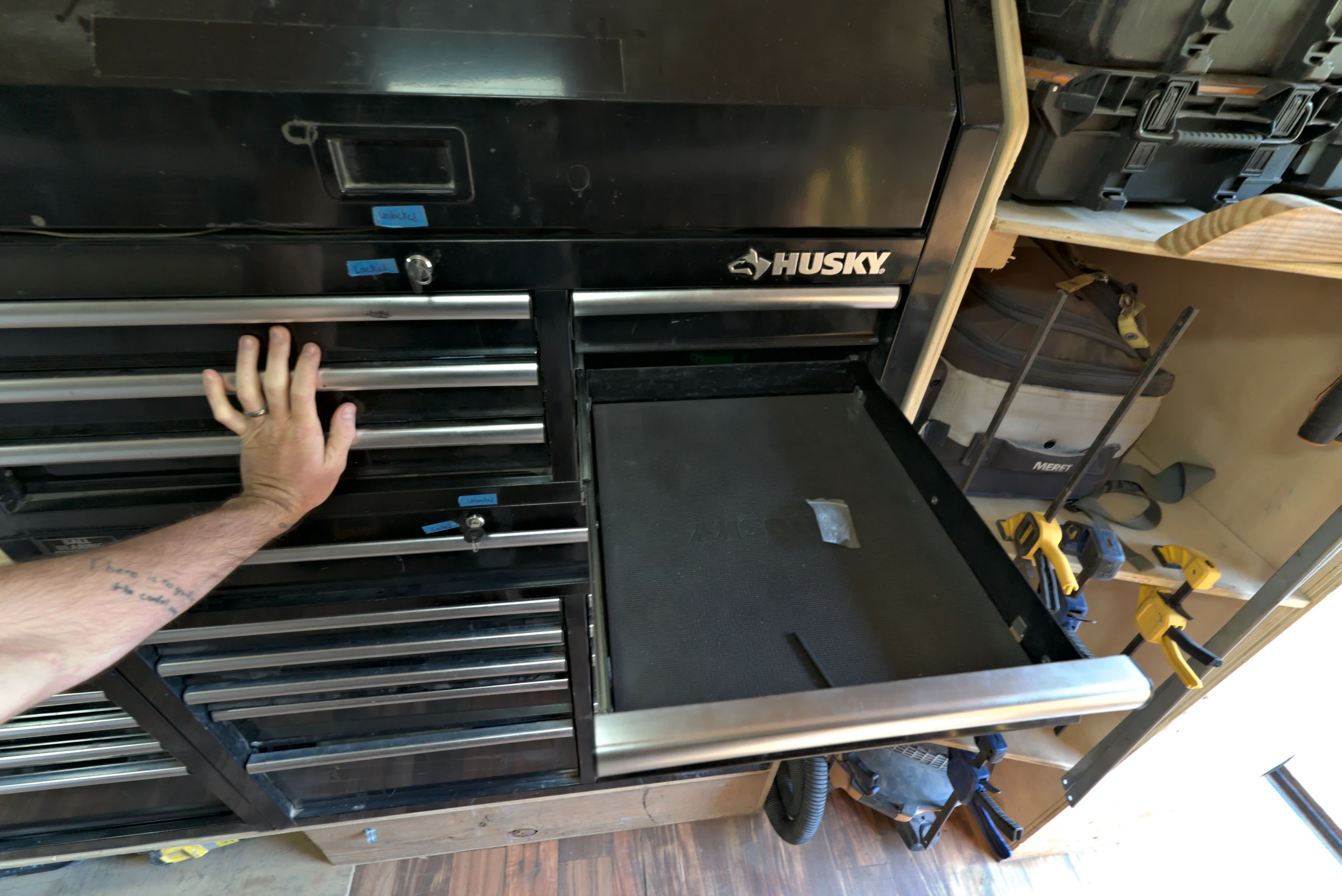 Metal tool chests and a pull-out work surface inside the Biltout prototype